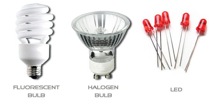 Fluorescent bulbs, halogen bulbs, leds